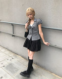 Ession Ribbon Puff V-Neck Check Shirt