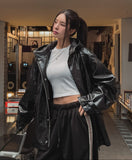 Seri glossy crack leather hoodie field jacket