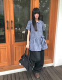 Purip Ribbon Strap Round Collar Check Mini One-Piece Dress