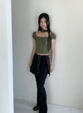 Tabl Green Corset Two-Way Off-Shoulder Short-Sleeve Blouse