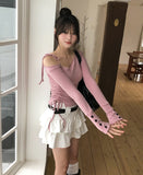 Delitte Stripe Unbalanced Shoulder Long Sleeve