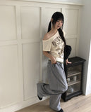 Kaea check color matching frill banding wide pants