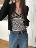 Cotter Punching Stripe Sleeveless Cardigan Set