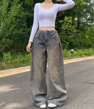 Stripe Folding Hem Snap Wide Denim Pants