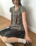 Darling round collar check ribbon blouse