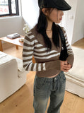 Yally Unbalance Diagonal Button Stripe Knit