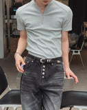 Ziden Half Zip-Up Ribbed Short-Sleeve T-Shirt