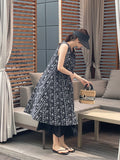 [Strap set] Gloss Floral Color Matching Sleeveless Long One Piece