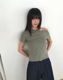 Sasha Stud Rivet Unbalanced Off-Shoulder Short Sleeve T-Shirt
