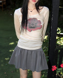 Kiving See-Through U-Neck Cosmos Flower Long Sleeve T-Shirt