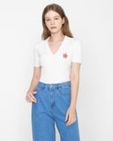 Pink Flower Dot Embroidery Short Sleeve Knit Collar Tee