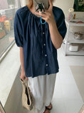 Demins Ribbon Button Denim Short Sleeve Blouse