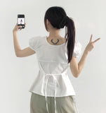 Balloon Soft Fit Ribbon Strap Short Sleeve Blouse