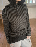 Toymo Stripe Hood Button Long Sleeve Tee