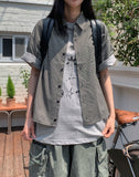 Country pin check semi-crop short sleeve shirt