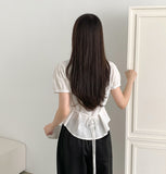 Summer Lace Pattern Puff Short Sleeve Ribbon Blouse