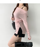 Boat Neck Off-Shoulder Knit Long Sleeve Slit Slim Fit T-Shirt