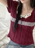 Killlove Vintage Lace Deep U-Neck Crop Short Sleeve Knit
