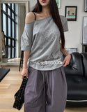 Shell stud cut off shoulder short sleeve