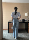 Two Pin Stripe Puff Short Sleeve Shirt Blouse