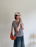Igets Square Neck Check Short Sleeve Blouse