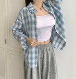Color Matching Check Pastel Tone Loose Fit Long Sleeve Shirt