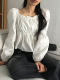 Ruson Puff Ribbon Shirred Square Neck Long Sleeve Blouse
