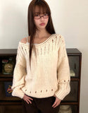 Lenu Punching Round Loose Fit Long Sleeve Long Knit