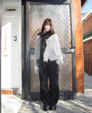 Heri Pine Leaf Balloon Angora V-Neck Loose Knit Fur Cardigan