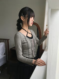 Frka lace string sleeveless brushed long sleeve T-shirt