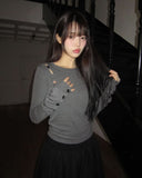 Juen Shoulder Slit Button Long Sleeve T-shirt