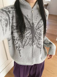 Nopel Vintage Butterfly Angora High Neck Long Sleeve Cardigan Zip Up