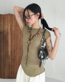 [Reviable] Shub Unbalanced Shirring Tattoo Printed Two-Way Short Sleeve T-shirt