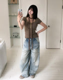 [Scarf SET] Mocha Lace Ribbed Short Sleeve Set