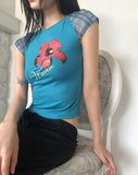 Harpin Flower Print Blue Short Sleeve T-Shirt