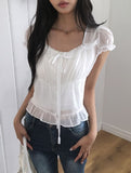 Neron Shirring Frill Ribbon Puff See-through Short Sleeve Blouse