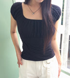 Bogi Shirring Flower Embroidery Slim Short Sleeve T-shirt