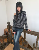 [Muffler SET] Ked Stripe Off-Shoulder Long-Sleeve Knit