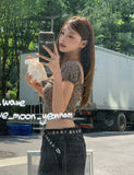 Leopard shirring puff off-shoulder short sleeve