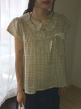 Meva Check Ribbon Short Sleeve Blouse