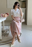 Shawang chiffon color matching shirring short sleeve blouse