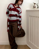 [Muffler SET] Phu Stripe Color Matching V-Neck Loose Fit Long Sleeve Long Knit