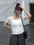 Henry Ribbon Pintuck Shirring Square Short Sleeve Blouse