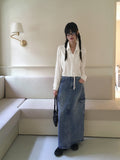 Pluck cut cargo pocket back band slit denim long skirt