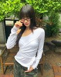 Evin Ribbon Unbalanced Layered One-Off Shoulder Long Sleeve T-Shirt