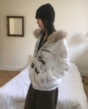 [Brushed Lining] Biffon Lettering Loose Fit Fur Hood Zip-Up