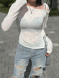 See-through unbalanced shoulder tee