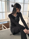 Chilling Balletcore Shirring Ribbon Wave Sleeveless All-in-One Long-Sleeved T-shirt