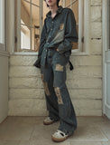 S/S shear damage washed denim pants