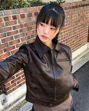 Dunen Collar Zipper Pocket Biker Washing Leather Jacket